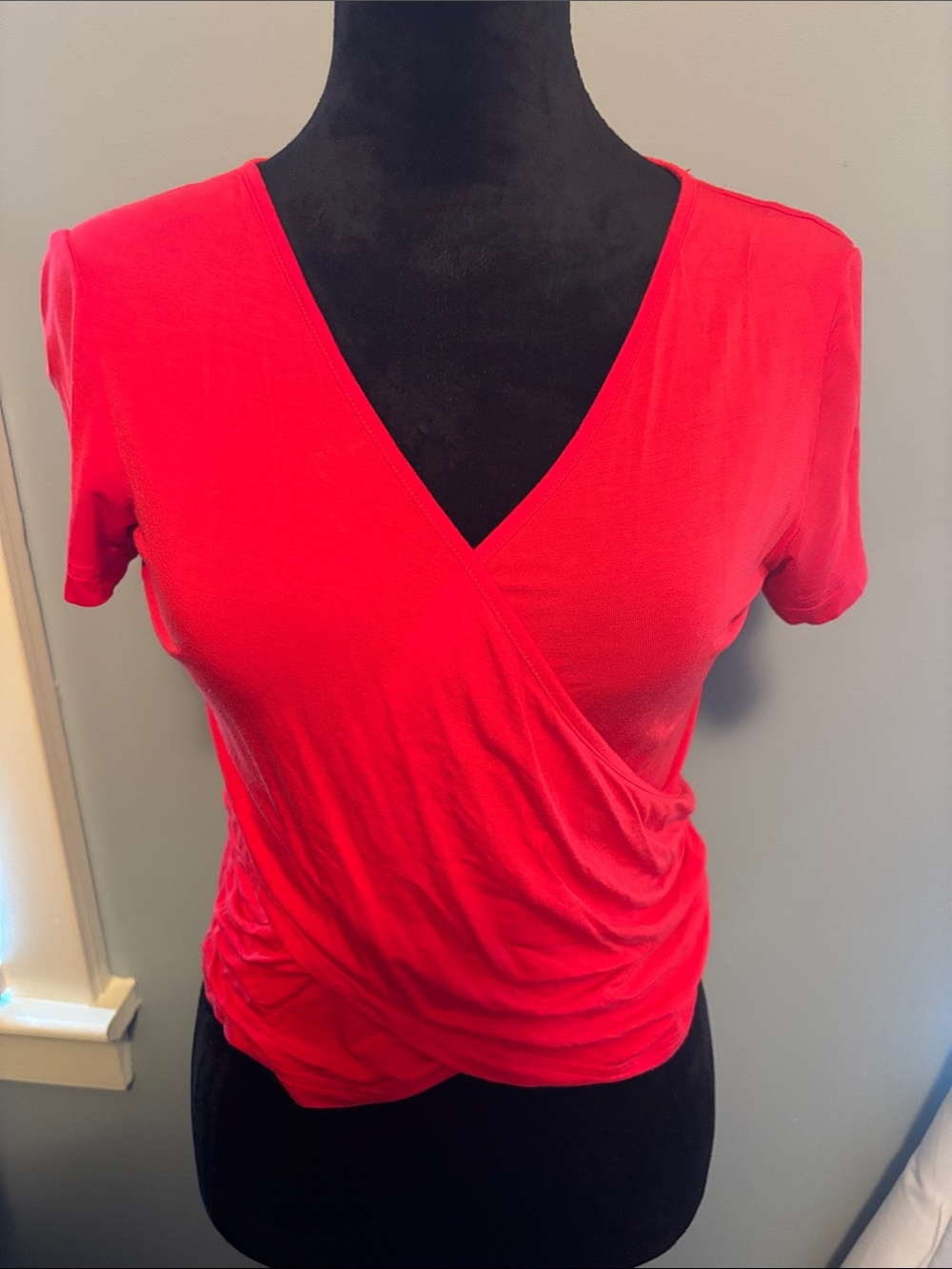 Women’s V-Neck Wrap Short Sleeve Tee in Bright Red